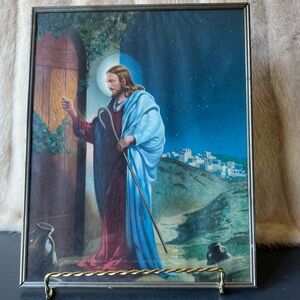 Framed VTG Art Jesus Knock Seek Find Gold Metal Frame 8 X 10 Christ Wall Hanging